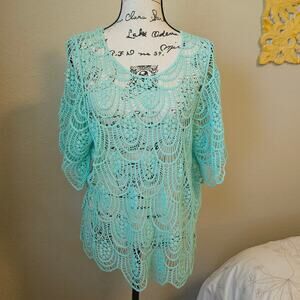 Turquoise Crochet Swim Coverup, scalloped, bell sleeve, beachwear